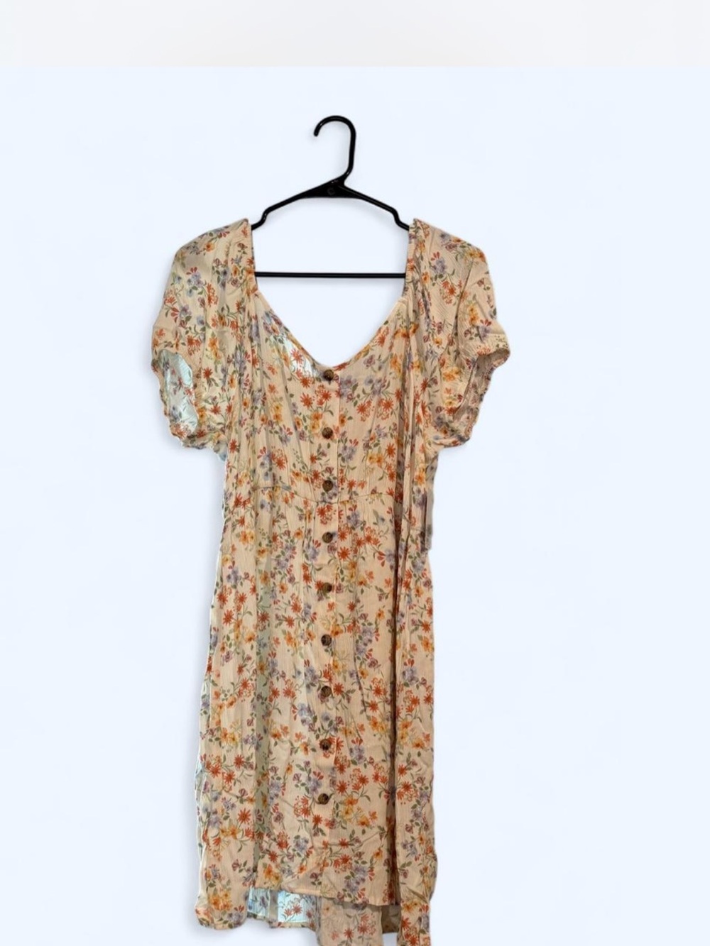 Floral Button-Front Beige Midi Dress